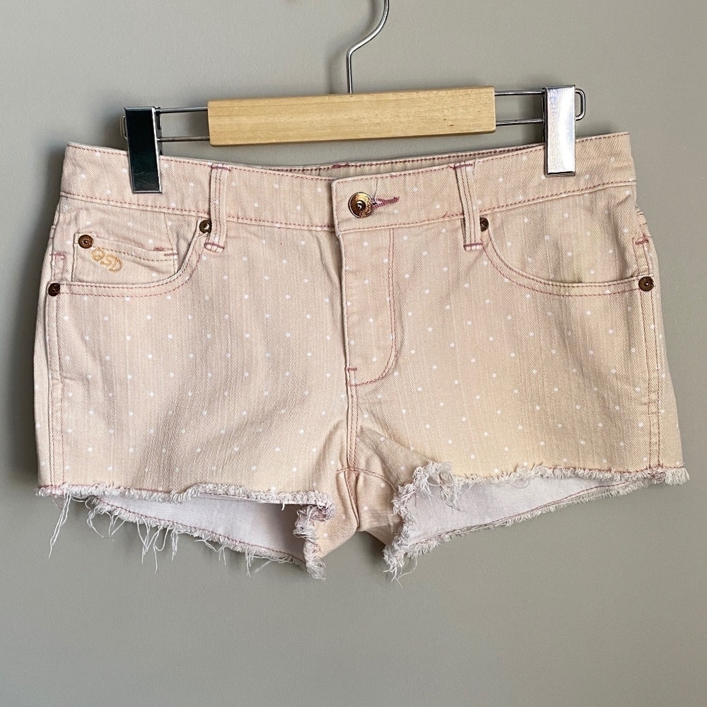 QSD Vintage Polka Dot Raw Hem Denim Cut Off Shorts Peach Size 5 Grunge Festival
